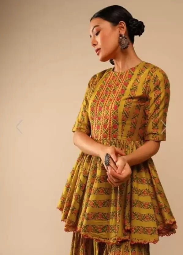 Women Yellow Mustard Kurta Sharara set