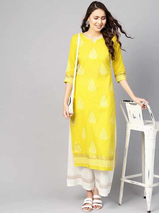 Yellow Block Print Kurta Set