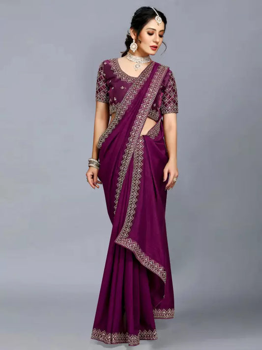 Embroidered Purple Art Silk Saree