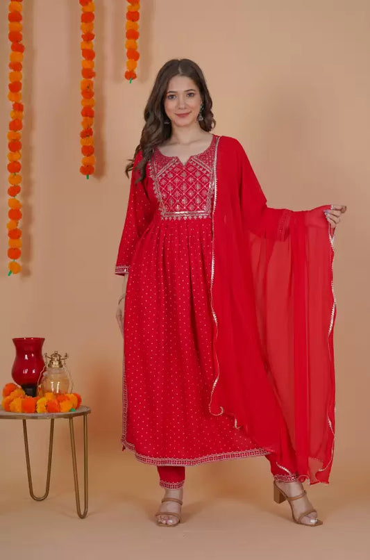 Embroidered Kurta Palazzo & Dupatta Set