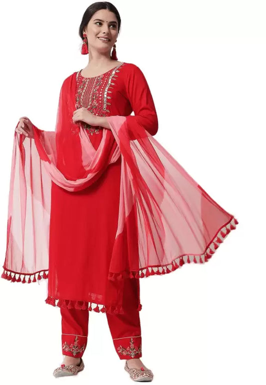Embroidered Red Viscose Rayon Kurta set with Mul Mul Shawl