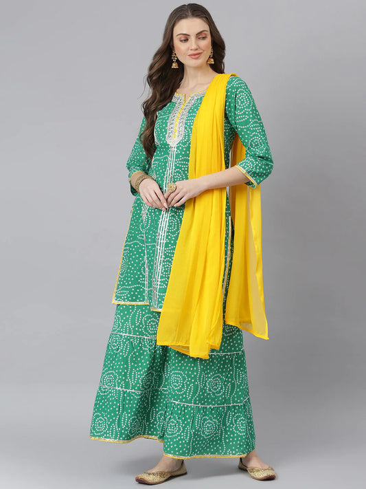 Women Green Embroidered Pure Cotton Kurta with Sharara & With Dupatta