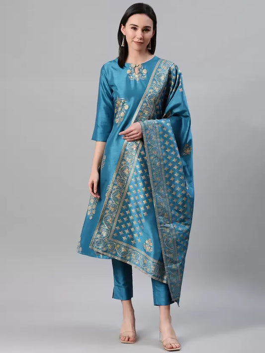 Women Blue Poly Silk Kurta, Pyjama & Dupatta Set