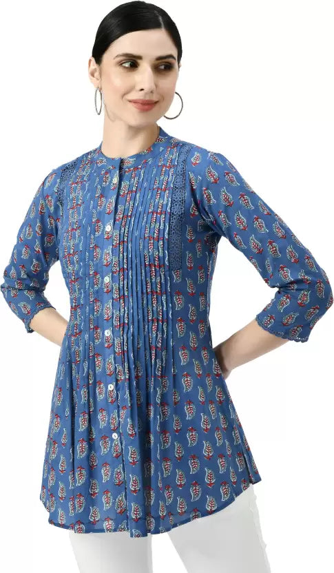 Women Casual Regular Sleeves Printed Women Blue Top