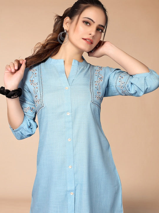Blue Rayon Embroidered Top