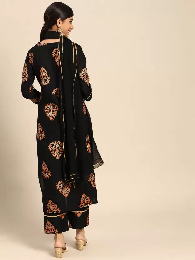 Women Viscose Rayon Black Floral print Kurta, Pant And Dupatta Set