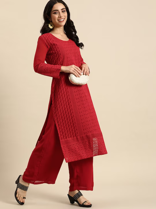 Women Ethnic Motifs Embroidered Chikankari Kurta with Palazzo