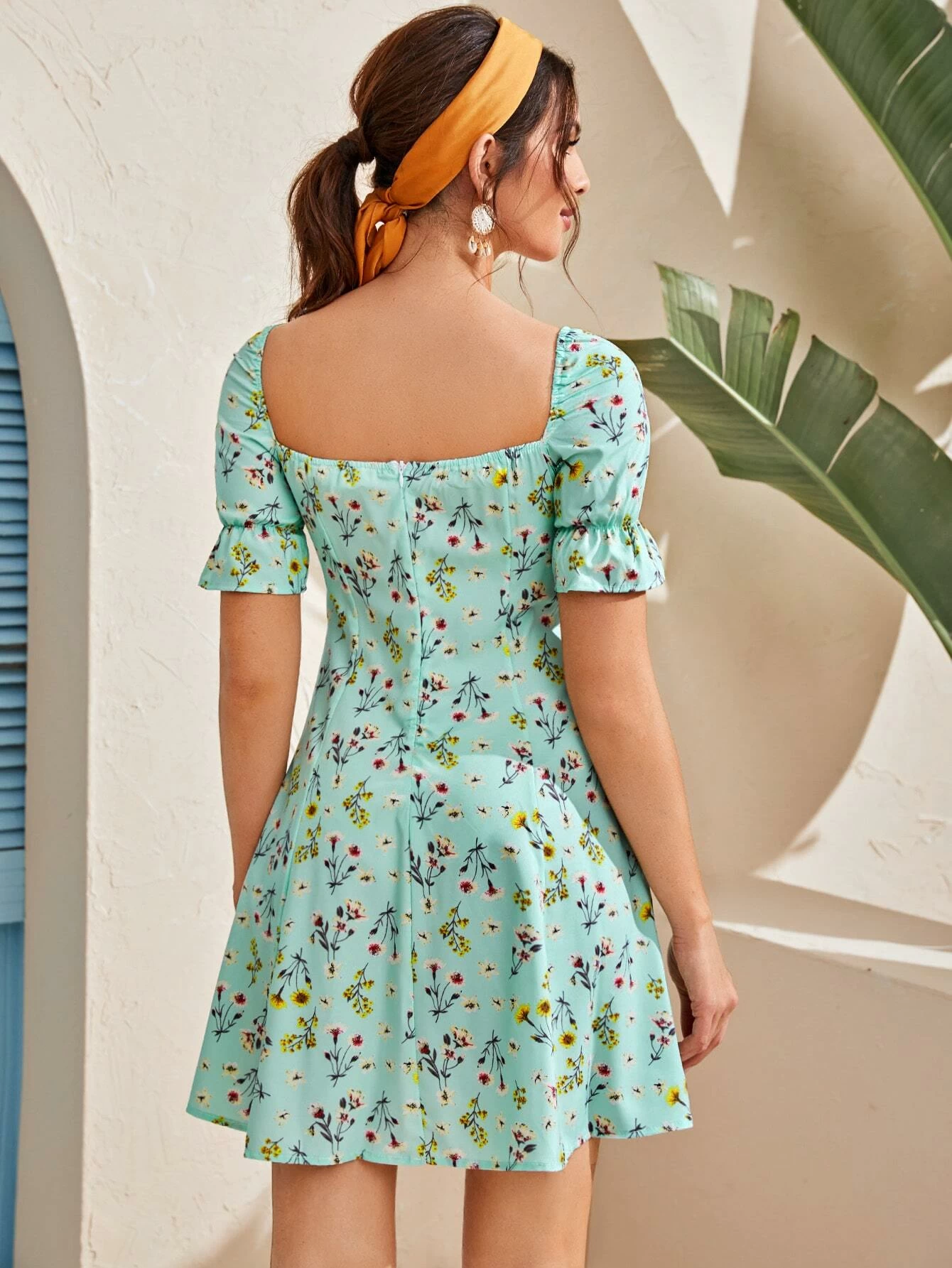 Floral Print Flounce Sleeve A-line Dress