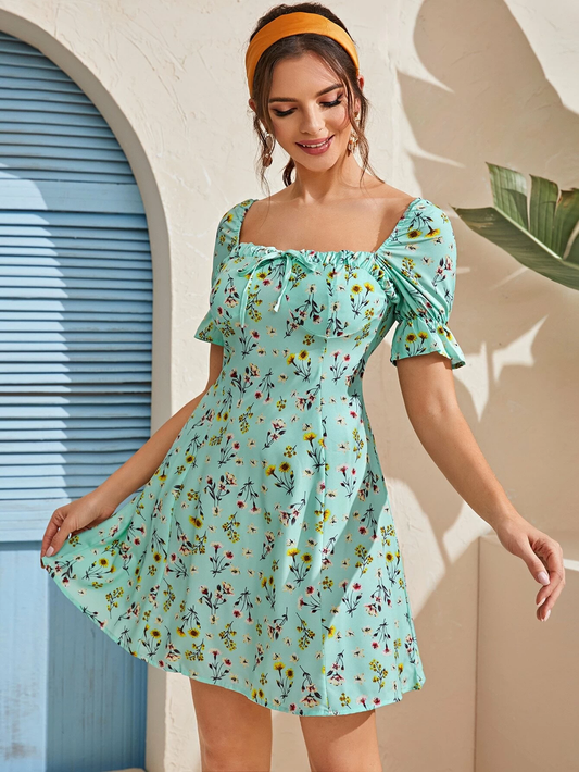 Floral Print Flounce Sleeve A-line Dress