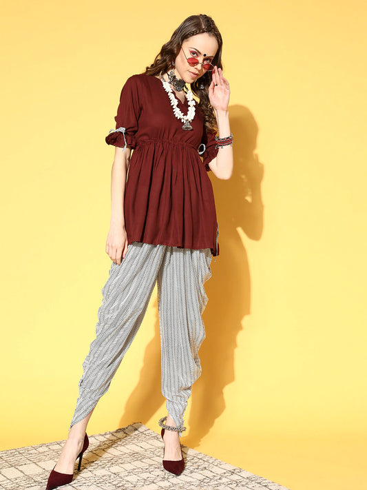 Women Maroon & White Kurta Set