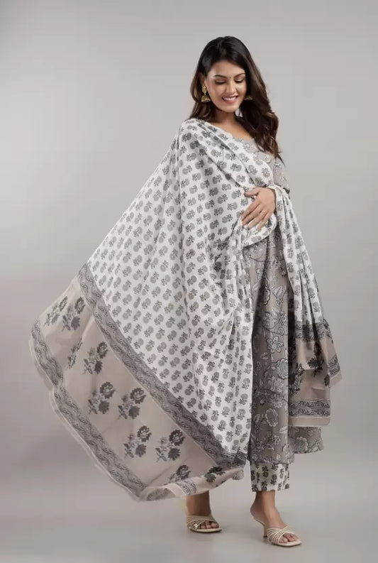 Floral Print Anarkali Kurta Bottom & Dupatta Set