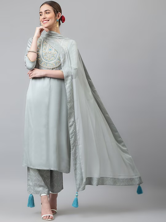 Women Floral Embroidered Sequined Kurta with Palazzos & Dupatta