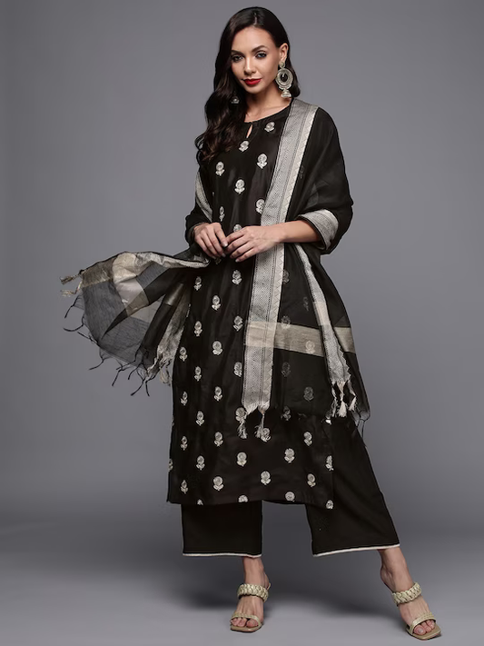 Women Black Embroidered Sequinned Liva Kurta with Palazzos & With Dupatta