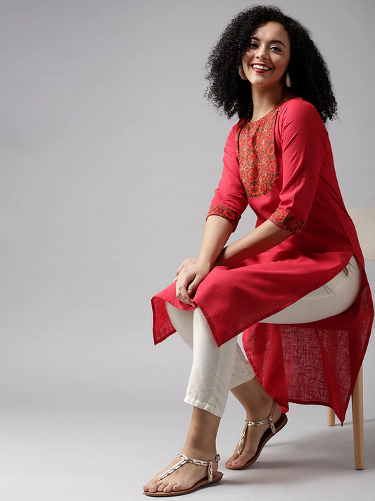 Floral Printed Red Cotton Kurta