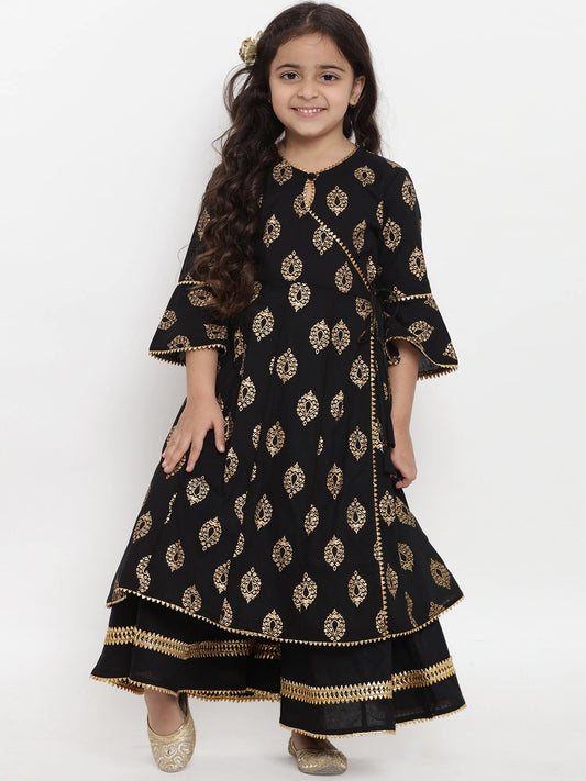 Girls Black Foil Printed Kurta Set