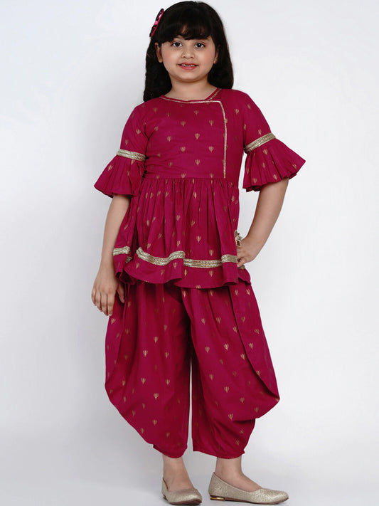 Girls Magenta Printed Kurti Set