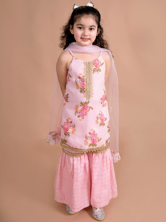 Girls Pink Floral Printed Kurti with Sharara