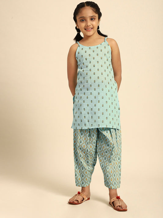 Girls Sea Green Ethnic Motifs Foil Printed Cotton Kurta Set