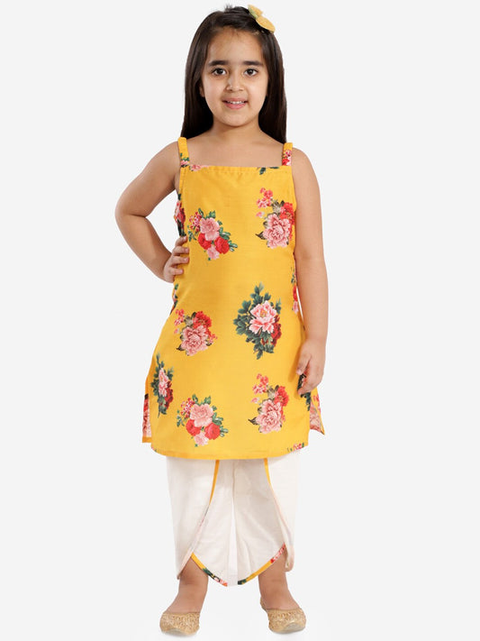 Girls Yellow Floral Printed Kurta Set
