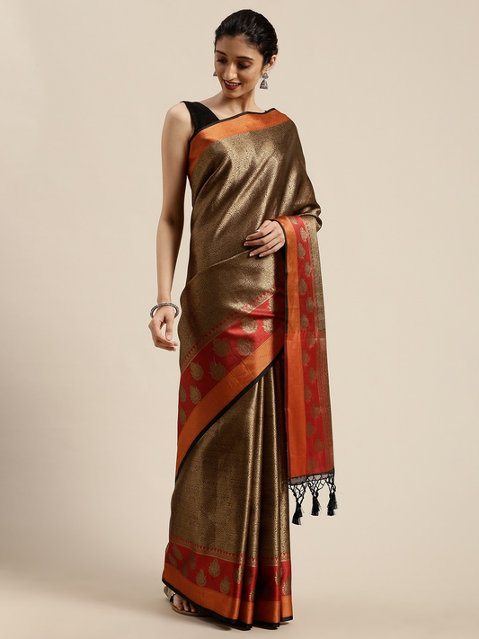 Golden & Orange Art Silk Saree