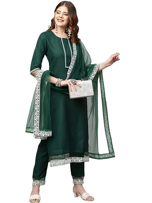 Green Cotton Blend Kurta set with Dupatta