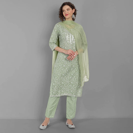 Women Green Viscose Rayon Embroidered Kurta set