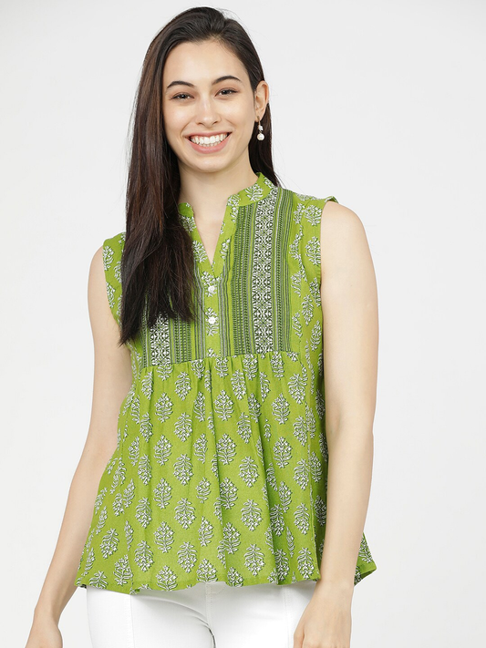 Green Floral Mandarin Collar A-Line Top