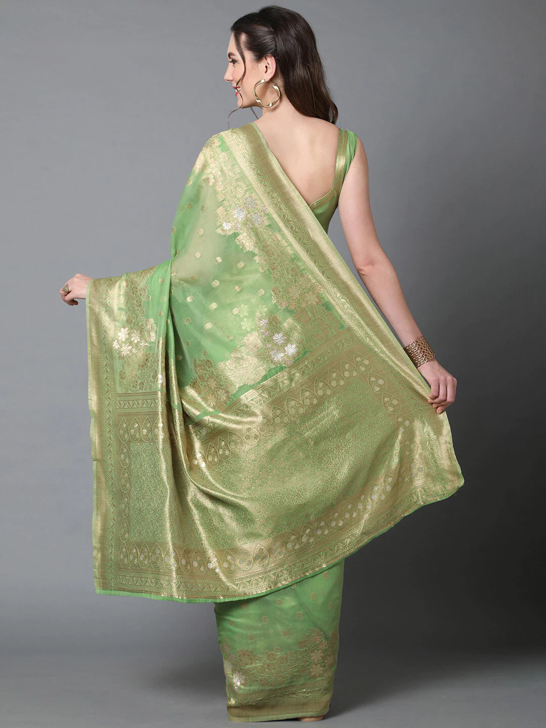 Green Silk Blend Ethnic Motifs Woven Designed Banarasi Saree
