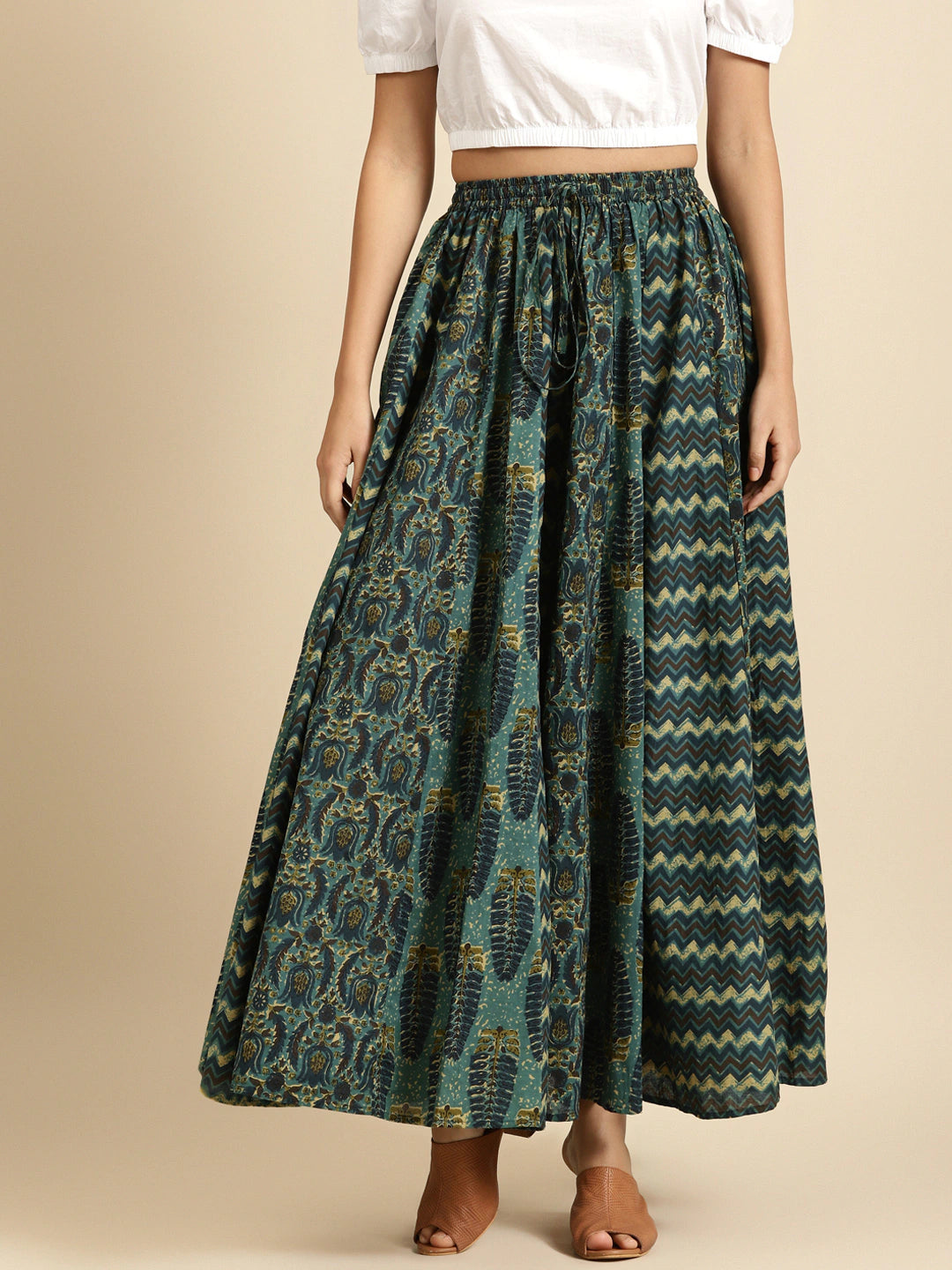 Green & Beige Printed Pure Cotton Maxi Flared Skirt