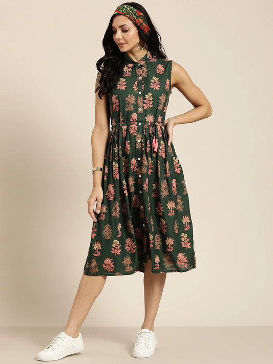 Green & Pink Ethnic Shirt Dress