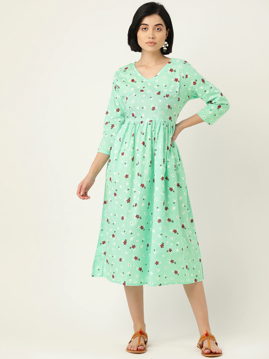 Green & Red Pure Cotton Printed Dress
