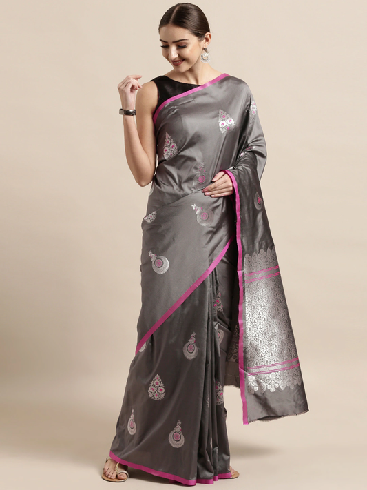 Grey Silk Blend Woven Saree