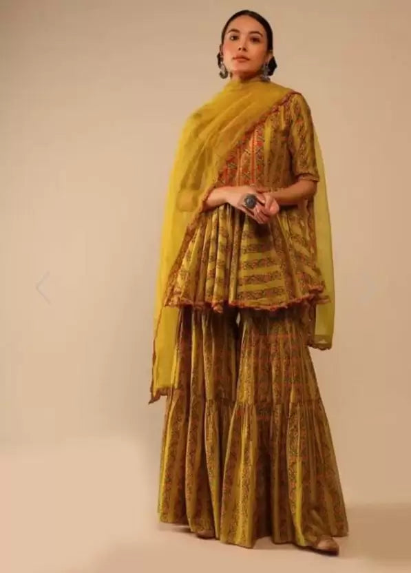 Women Yellow Mustard Kurta Sharara set