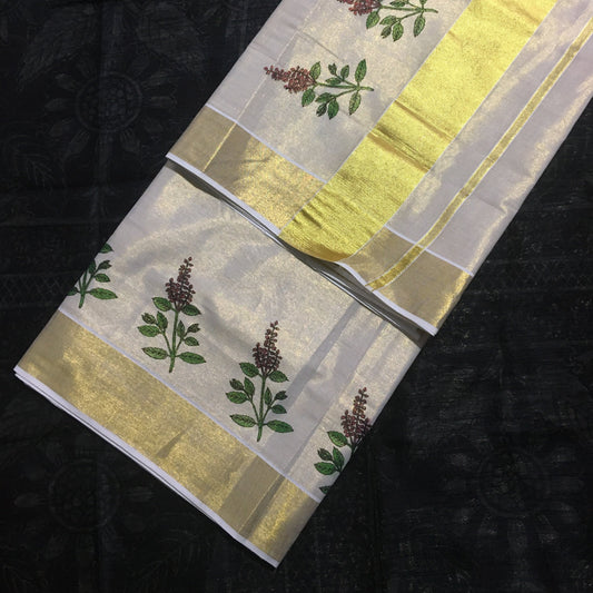 Tissue Silk Kerala Kasavu Saree Colorful Thulasi Kadhir Print