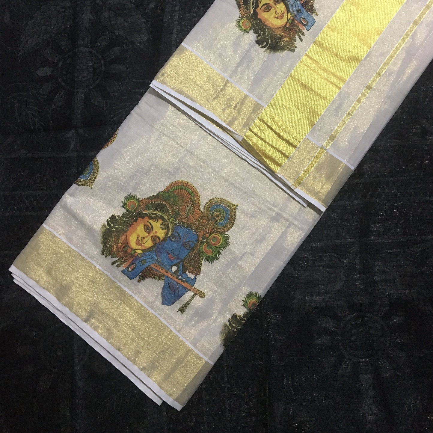 Tissue Silk Kerala Kasavu Saree Colorful Radhe Krishna Print