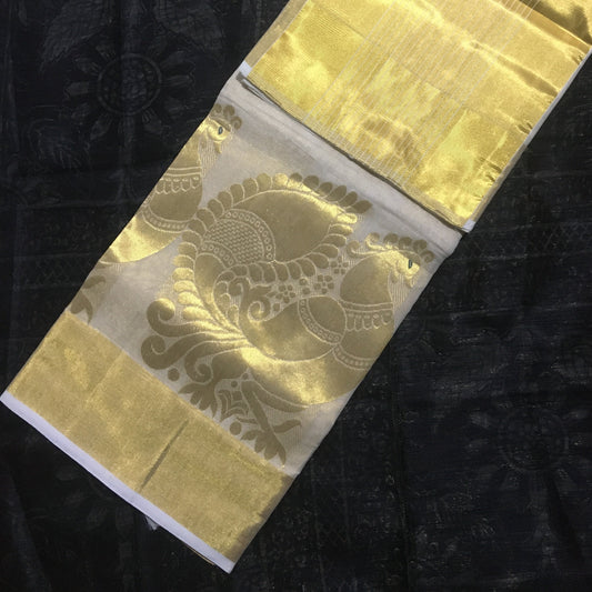 Exclusive Tissue Silk Kerala Kasavu Saree With Woven Peacock Design