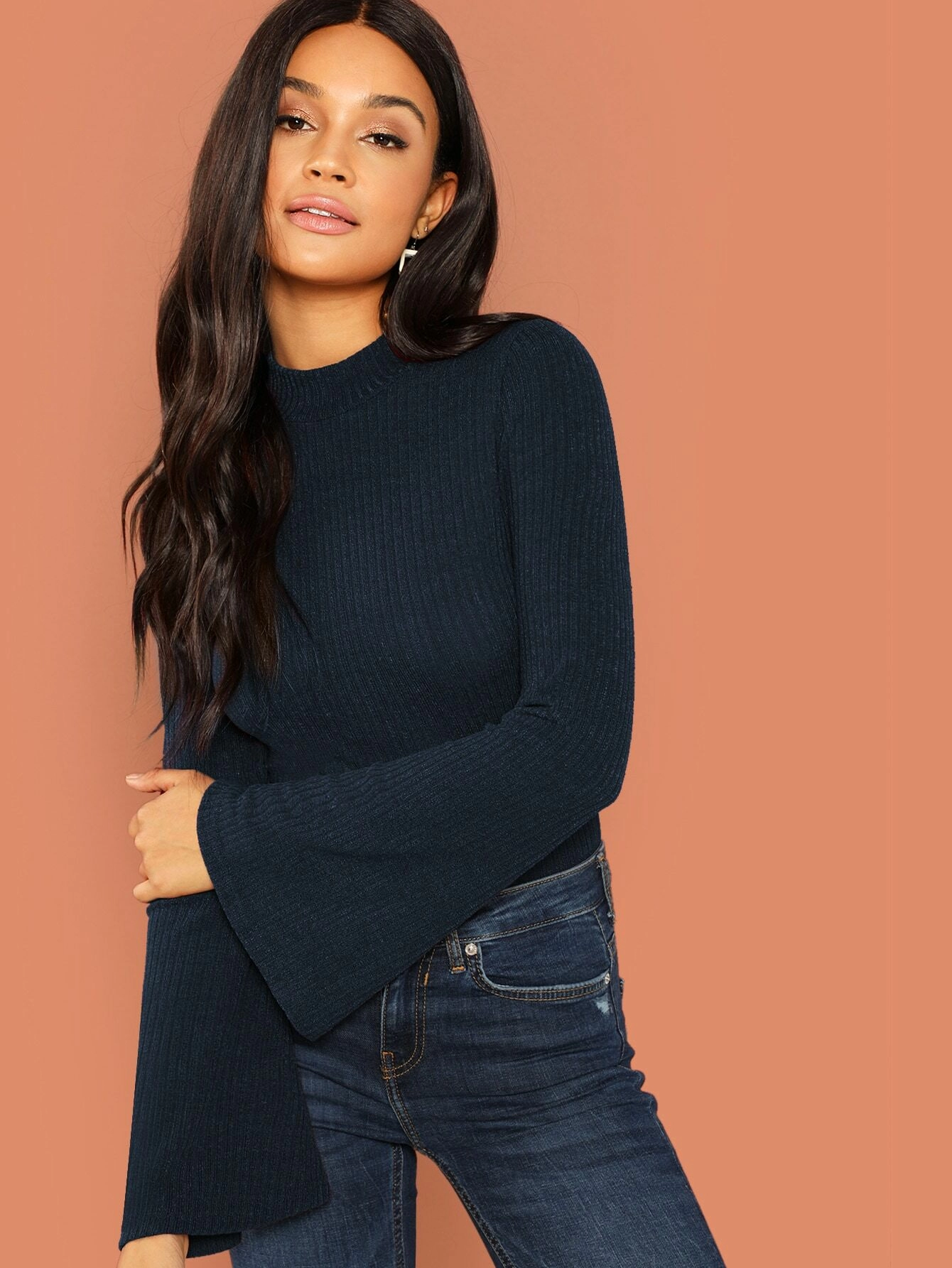 Mock-neck Fluted Sleeve Ribbed Knit Tee