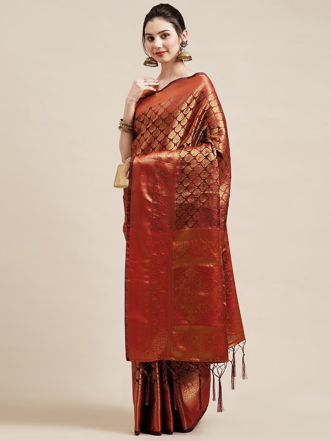 Maroon & Gold Toned Ethnic Motifs Zari Silk Blend Banarasi Saree