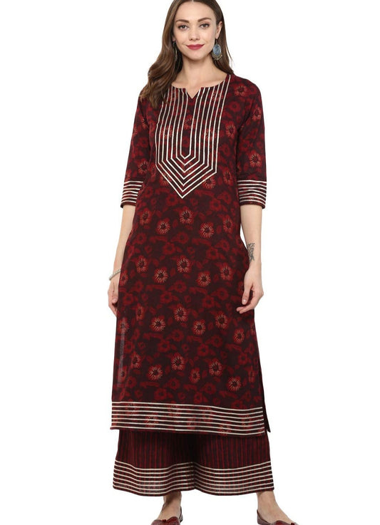 Women's Maroon Printed Cotton Kurta Set