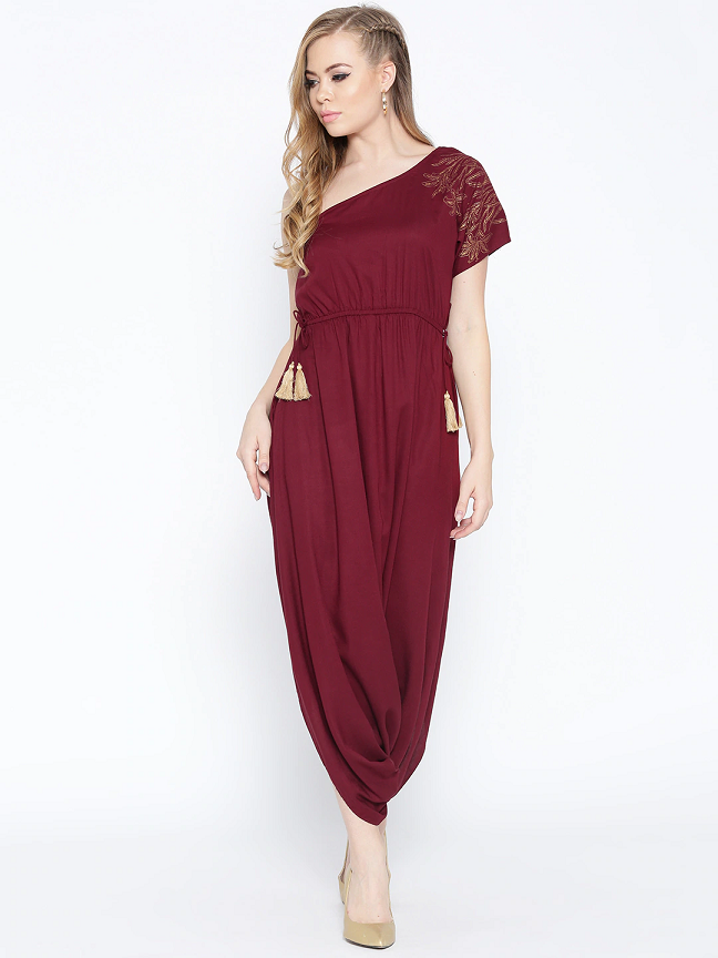 Maroon Solid One-Shoulder Dhoti Style Jumpsuit