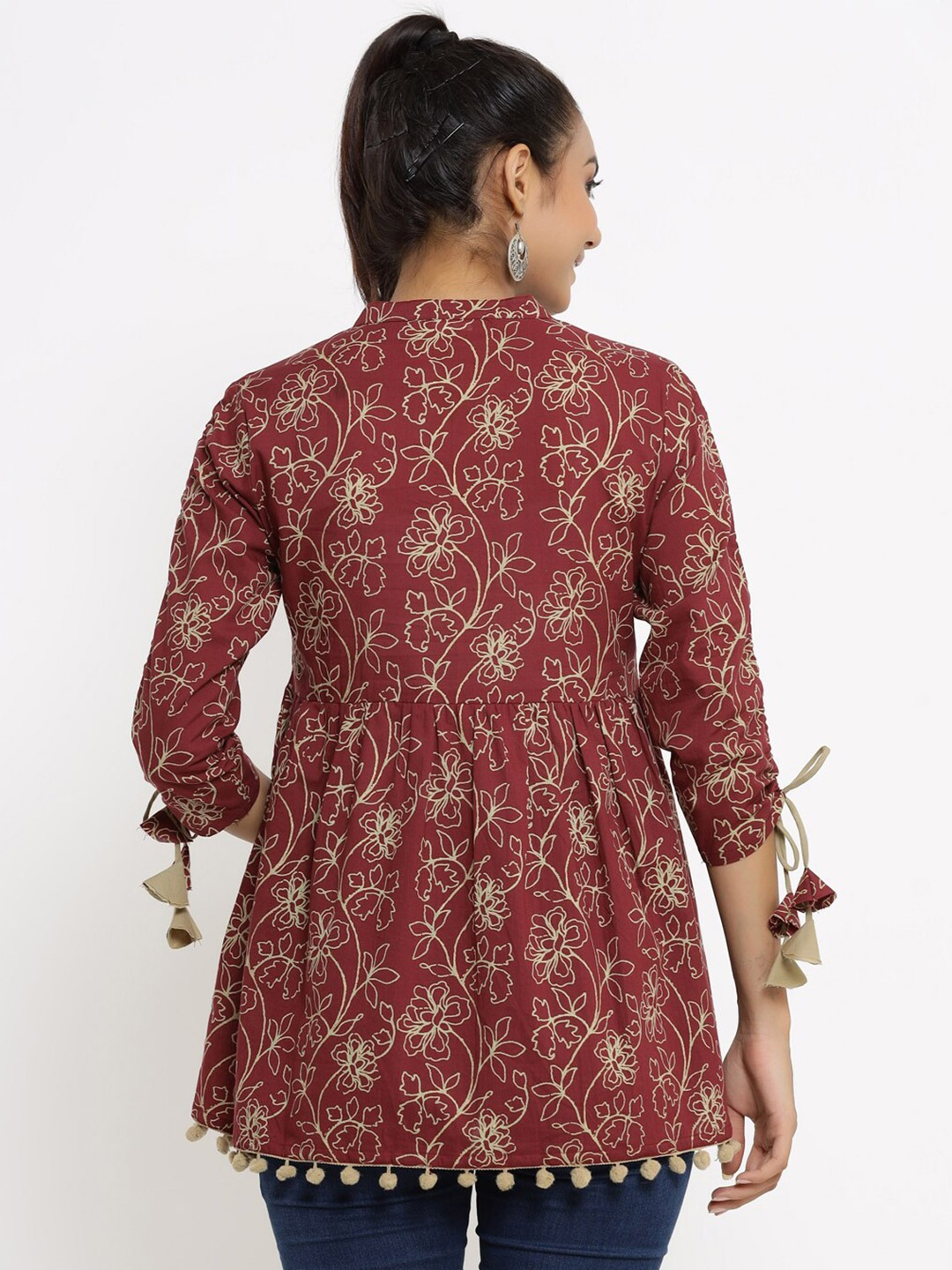 Maroon & Beige Mandarin Collar Printed Tunic
