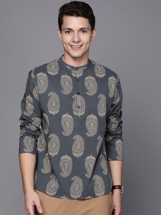 Men Grey Cotton Kalamkari Print Kurta