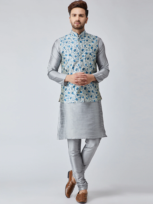 Men Self Design Kurta with Churidar & Jacket