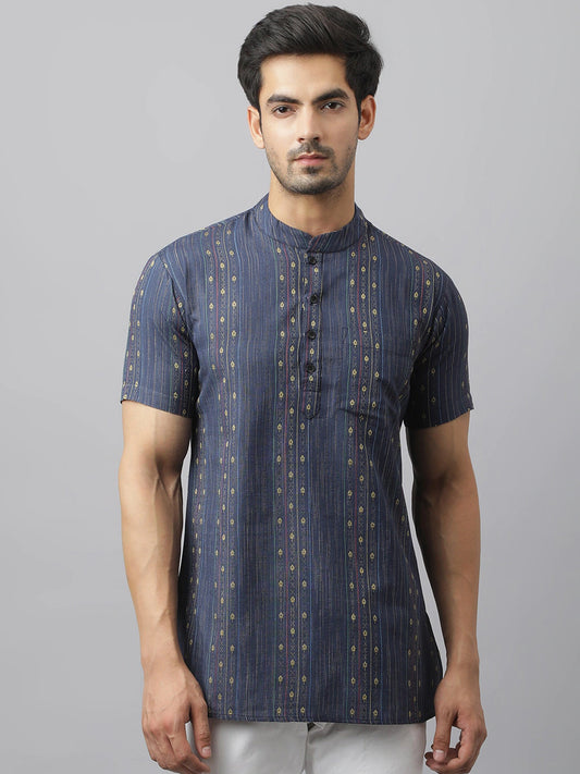 Men Navy Blue Geometric Handloom Kurta