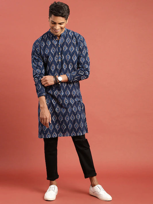 Men Navy Blue Long Kurta