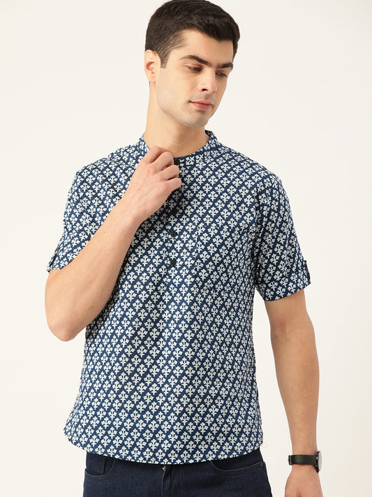 Men Navy Blue & White Cotton Kurta