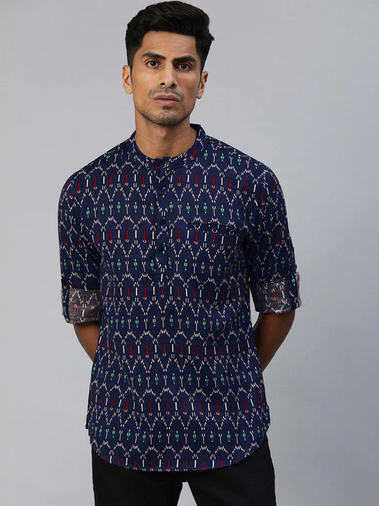 Men Navy Blue & White Ethnic Printed Cotton Kurta