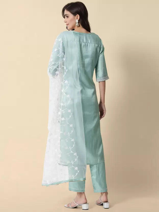 Mint Blue Silk Blend Embroidered Kurta set