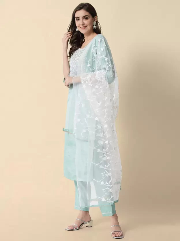 Mint Blue Silk Blend Embroidered Kurta set
