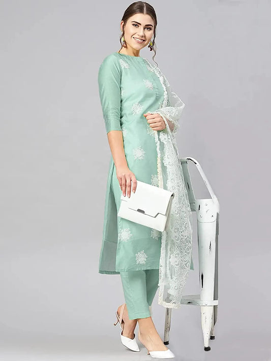 Mint Cotton Kurta set with Shawl